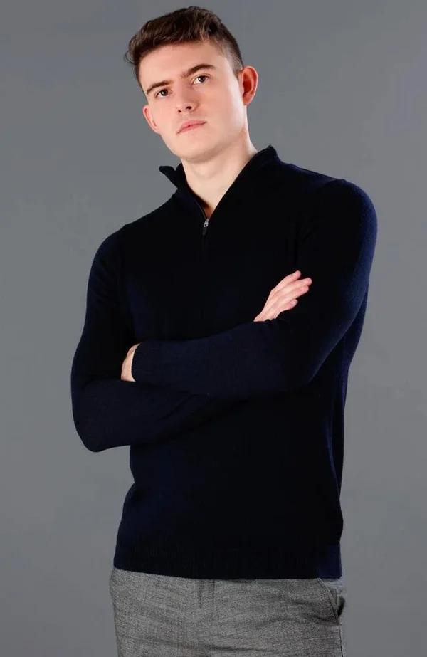 Mens 100% Extra Fine Merino Wool Quarter Zip Jumper, Navy, M