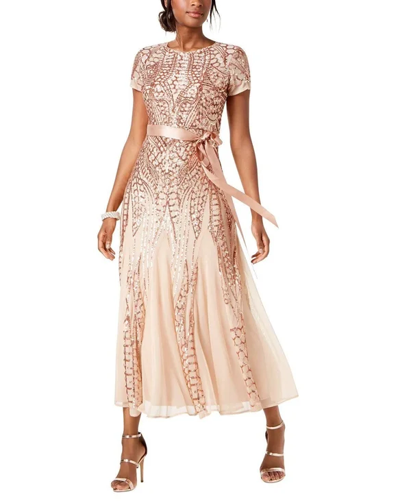 R & M Richards Short Sleeve Sequin Evening Gown, 8, Beige