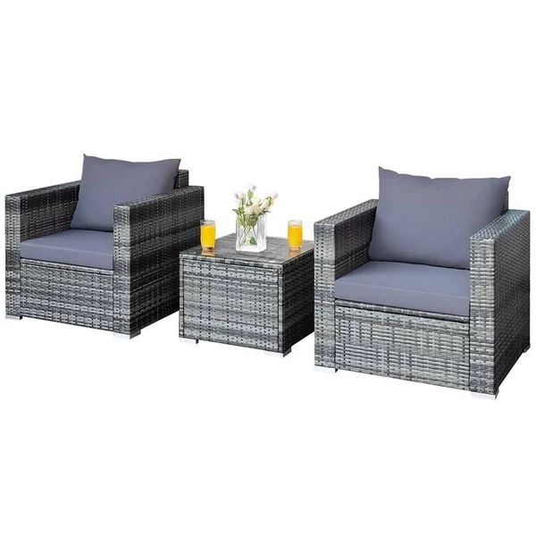 3 Pcs Patio Rattan Furniture Bistro Sofa Set with Cushioned-White - Costway
