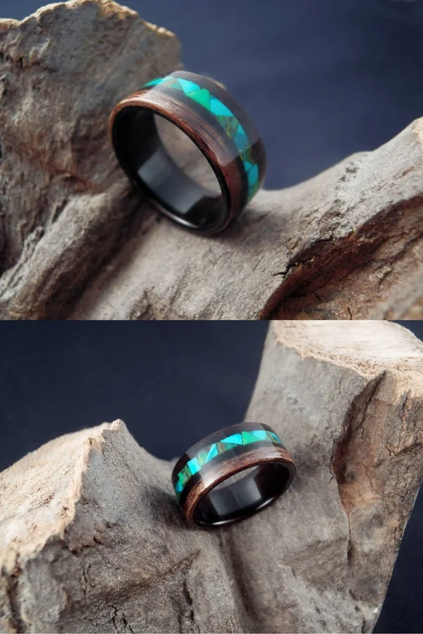Bentwood Macassar Ebony Wooden Ring with Green - Emerald Mosaic Style Inlay - Men's Wood Ring, Women's Wood Ring, Green Inlay