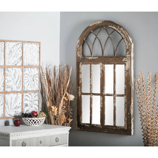 Decmode Farmhouse 48 x 30 inch Metal and Wood Windowpane Wall Mirror, Brown