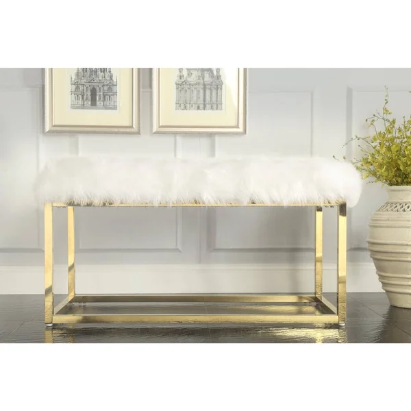 Inspired Home Degas Faux Fur Ottoman Bench with Metal Frame - White/Chrome