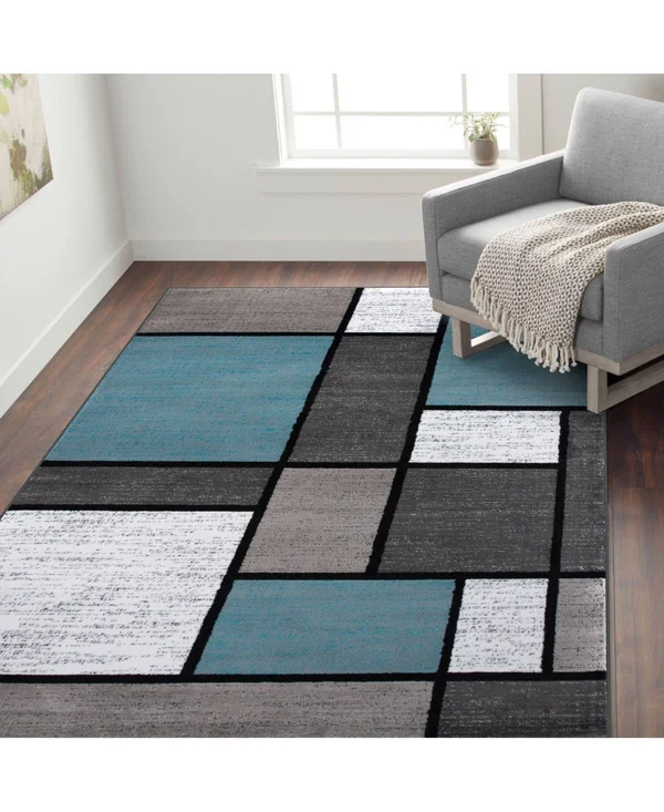 Contemporary Modern Boxes Area Rug 5& 3x22 x 7& 3x22 Blue/Gray