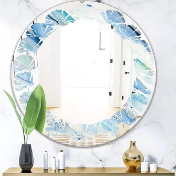 Designart 'Blue Silver Spring I' Modern Round or Oval Wall Mirror - Leaves - 24 in. Wide x 24 in. High
