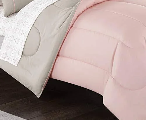 Casa 7-Piece Solid Reversible Comforter Set with Bonus Sheets, Queen, Blush