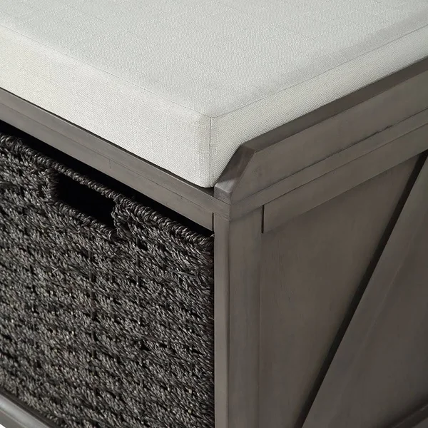 Homes Collection Wood Storage Bench with 2 Woven Baskets - Grey