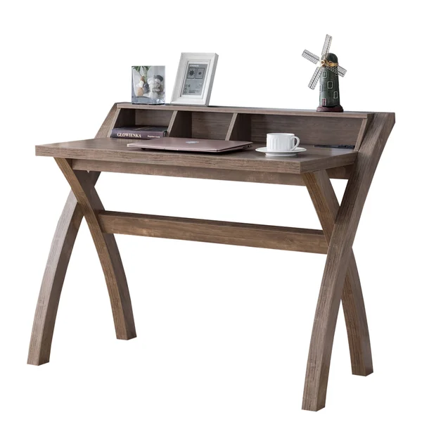 Multifunctional Wooden Desk with Electric Outlet and Trestle Base Brown