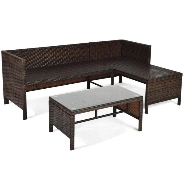 Clihome Brown Steel Frame 3 Piece Outdoor Patio Corner Rattan Sofa Set with Blue Cushions - CWCH-HW63870TU