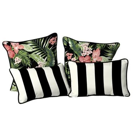 Better Homes & Gardens Tropical and Stripes Polyester Square Lumbar Pillows, 20 x 20 x 5.5, Black, Set of 4, Size: 2 Sizes