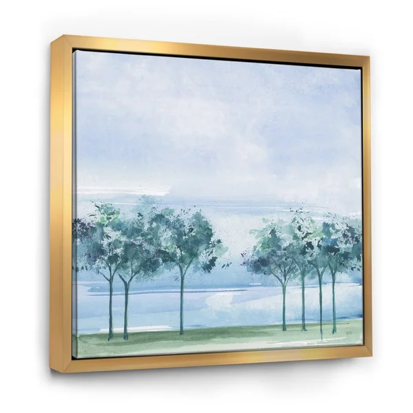 Designart 'Across The Lake VI' Lake House Framed Canvas - Blue - 30 in. Wide x 30 in. High - Gold
