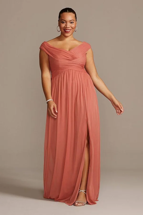 David&s Bridal Crisscross Off-The-Shoulder Mesh Bridesmaid Dress - Cinnamon (Brown), 8