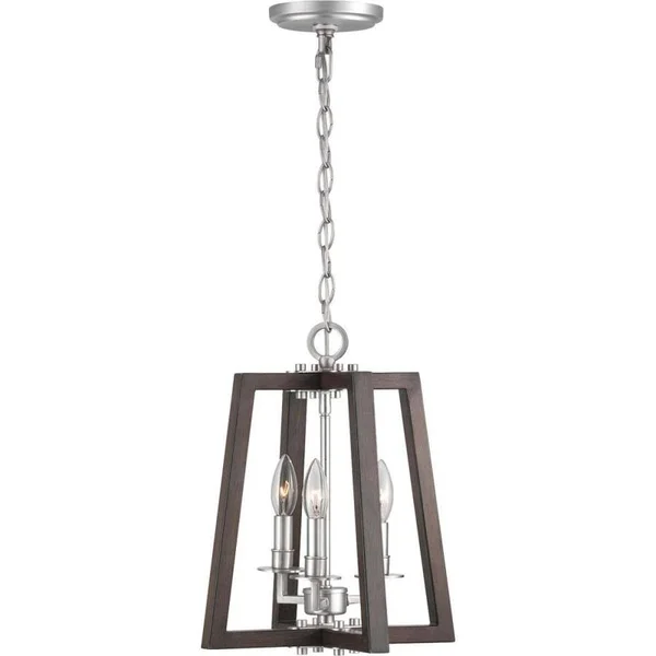 Progress Lighting Forrester Teak Wood and Satin Nickel Farmhouse Lantern Pendant Light - P500254-147
