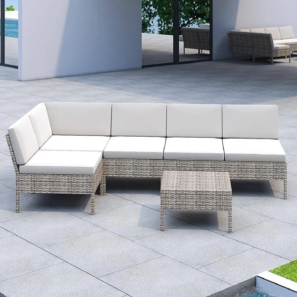 Patio Festival 6-Piece Wicker Outdoor Sectional Set with Off-White Cushions