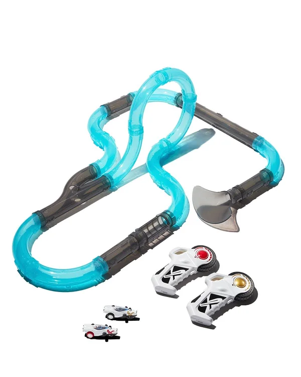 Fao Schwarz 31Piece Glow-in-the-Dark Turbo Tube Racers Race Track Set for Kids with Two Mini Red & Blue RC Cars & Two Re