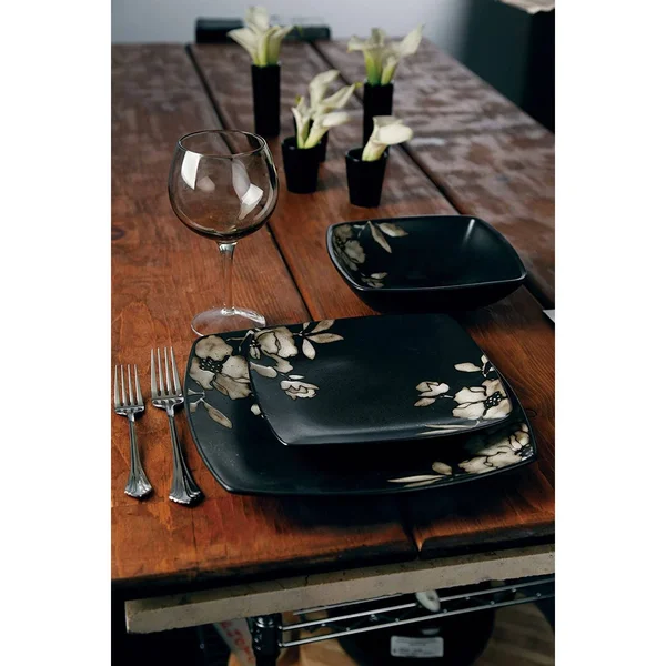 Gibson Elite Lanark 16 Piece Square Dinnerware Set, Black