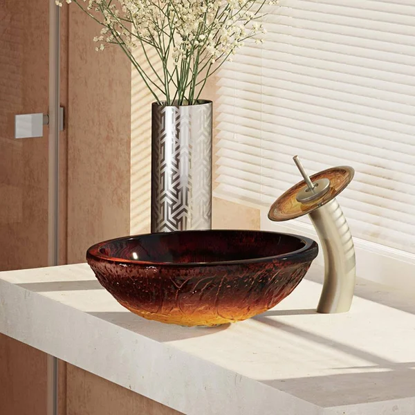 Rene R5-5018-WF-BN Red Lava Glass Bathroom Sink with Brushed Nickel Waterfall Faucet - Sink Ring, and Vessel Pop-Up Drain
