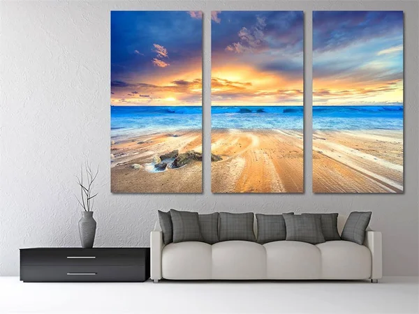 36 x 24 - Gorgeous Beach Sunset Canvas Print Wall Art. 3 Panel Split - Triptych Decoration for Home or Office