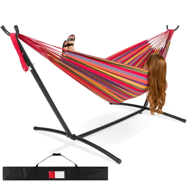 Best Choice Products 2-Person Brazilian-Style Cotton Double Hammock Bed w/ Carrying Bag, Steel Stand, Rainbow