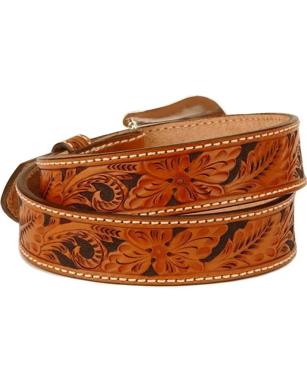 38in. Tony Lama Floral Hand Tooled Western Leather Men Belt Tan