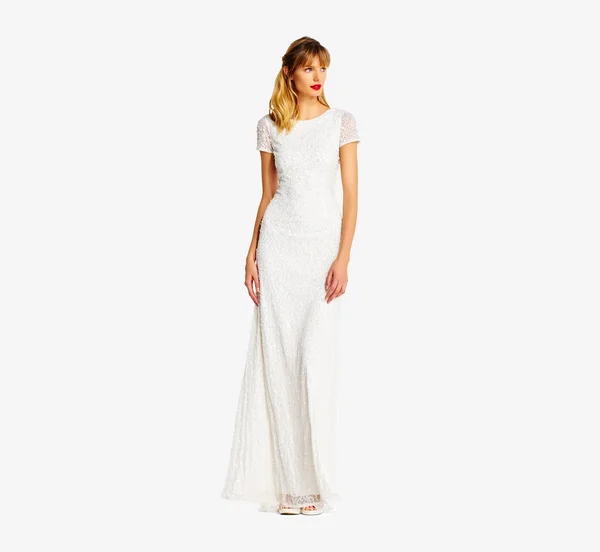 Adrianna Papell Scoop Back Sequin Gown - Ivory, Size: 20