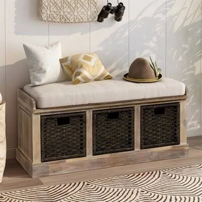Rustic Storage Bench with 3 Removable Classic Rattan Basket - Entryway Bench Storage Bench with Removable Cushion (Antique Navy)