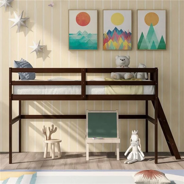Wooden Twin Size Low Loft Bed with Ladder - Espresso