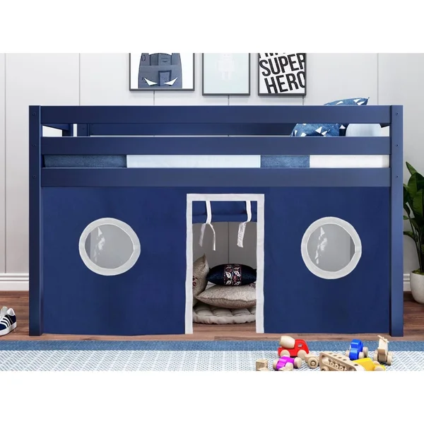 Jackpot! Contemporary Low Loft Bed with End Ladder - Twin, White with Blue & White Tent