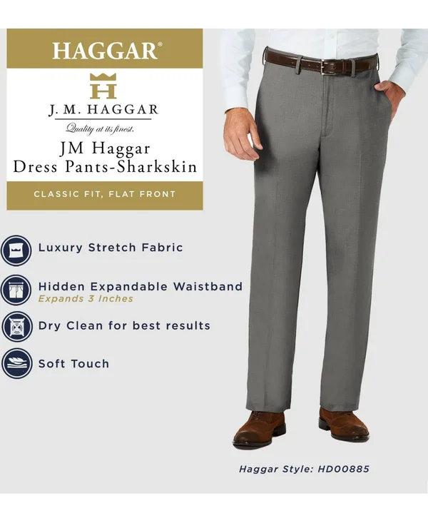 Men's J.M. Haggar Premium Classic-Fit Stretch Sharkskin Flat-Front Hidden Expandable Waist Dress Pants, Size: 40x32, Dark Grey