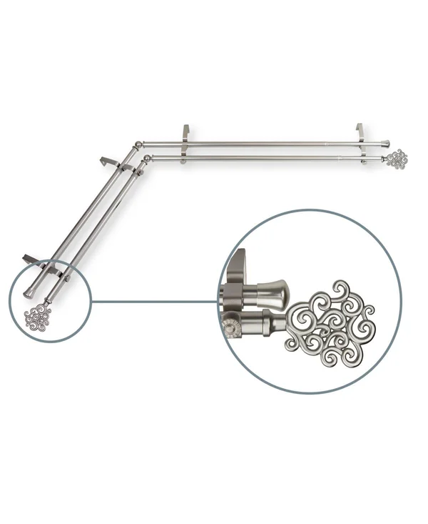 Rod Desyne 13/16x22 Dia Adjustable 48x22 to 84x22 Double Corner Window Curtain Rod in Satin Nickel with Tidal Finials