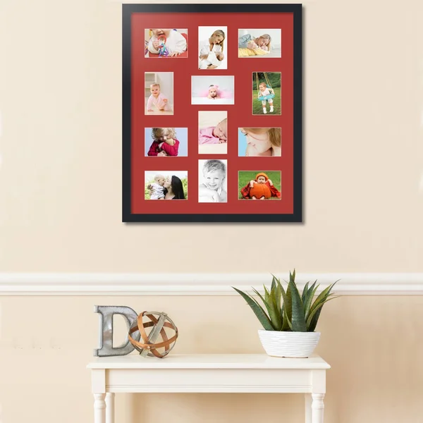 Collage Picture Frame, Satin Black Frame with 12 openings for 4x6 Photos with Deep Red Mat. D3926II462, ArtToFrames