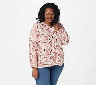Denim & Co. Printed V-Neck Long Sleeve Blouse, Size 2X, Blush