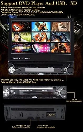 Universal in Dash Single 1din CD/DVD Multimedia Headunit 7-Inch Flip Out Touch Screen - Bluetooth Receiver, Built-In Mic, Hands-F