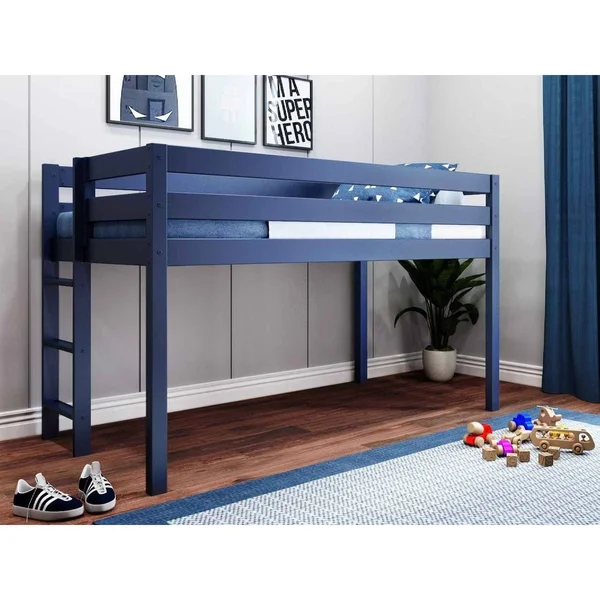 Jackpot! Contemporary Low Loft Bed with End Ladder - Twin, White with Blue & White Tent