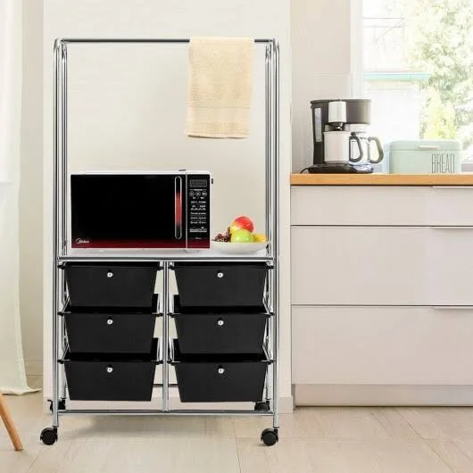 6 Drawer Rolling Storage Cart with Hanging Bar -Black