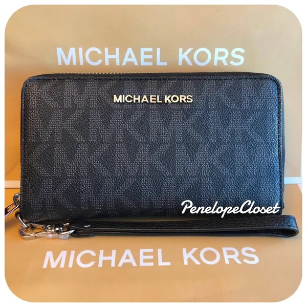 Michael Kors Jet Set Travel Large Flat Multifunction Phone Case Wallet Black Nwt