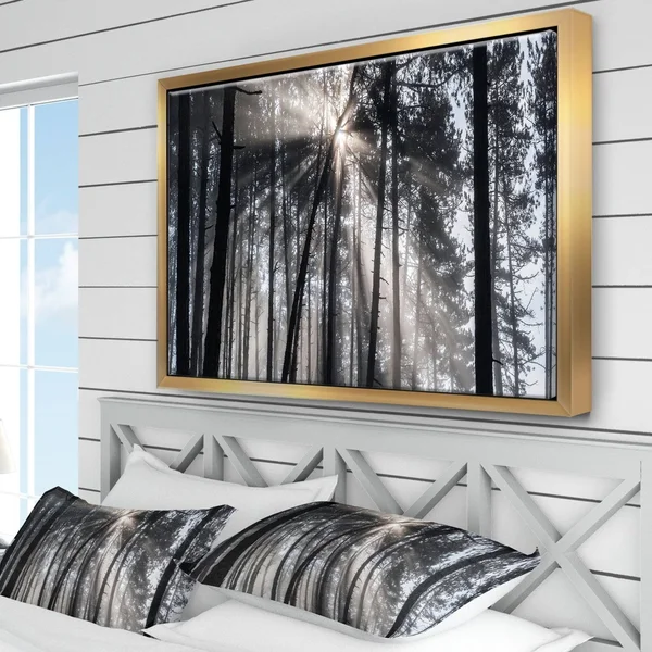 Designart 'Sunbeams Through Black White Forest' Forest Framed Canvas Wall Art Print - 20 in. Wide x 12 in. High - Gold