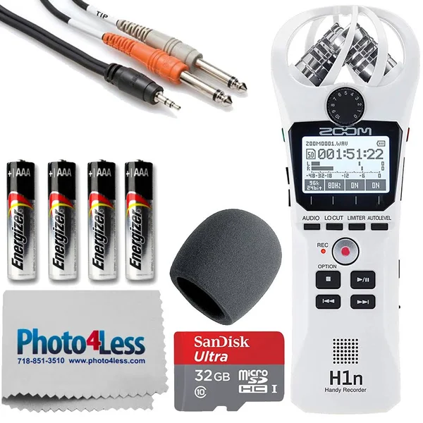 Zoom H1n Handy Recorder White+ Black Windscreen + Y Cable 1/8 inch TRS to Dual inch TS Cable + SanDisk 32GB microSDHC UHS-I with
