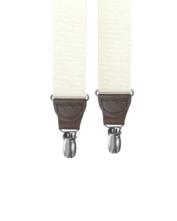 KK & Jay Supply Co., Ivory Grosgrain Clip-On Suspenders Brown Leather with Gold Hardware