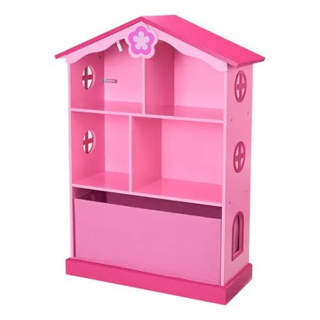 Senda Kids Bookshelf Dollhouse, 3-Tier with Storage Bin, Pink