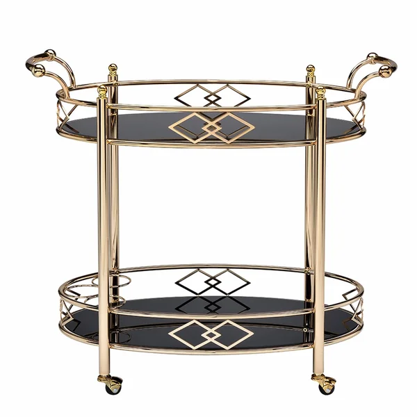 Benzara Metal Framed Serving Cart with Tempered Glass Top and Open Bottom Shelf, Gold and Black