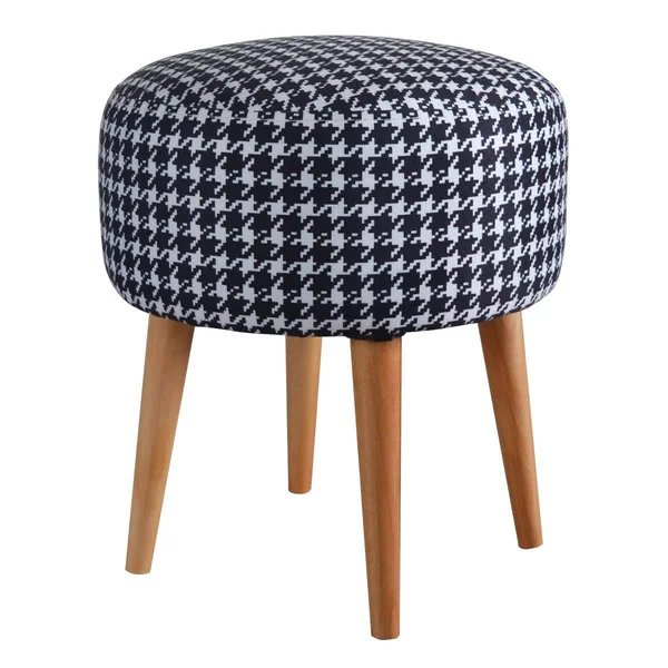 Round Ottoman Plush Pouf Chair, Modern Wooden Leg Foot Stool, Black, 17 x 16 x 16 inches