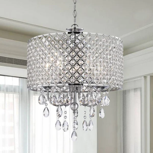 Crystal Chrome Chandelier Pendant Light with Crystal Beaded Drum Shade