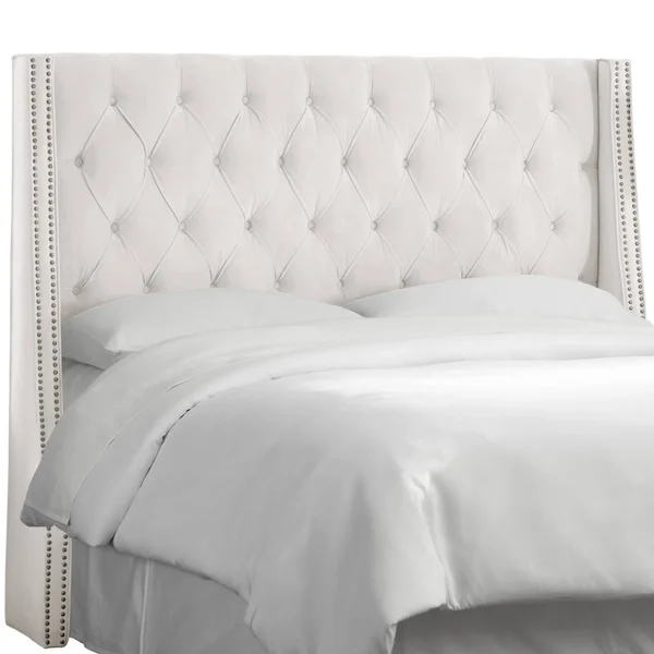 Full Diamond Tufted Nail Button Wingback Headboard Velvet White - Skyline Furniture
