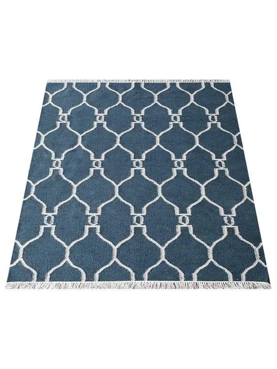 Rugsotic Carpets Hand Woven Flat Weave Kilim Wool 4&x6& Area Rug Contemporary Blue White D00129