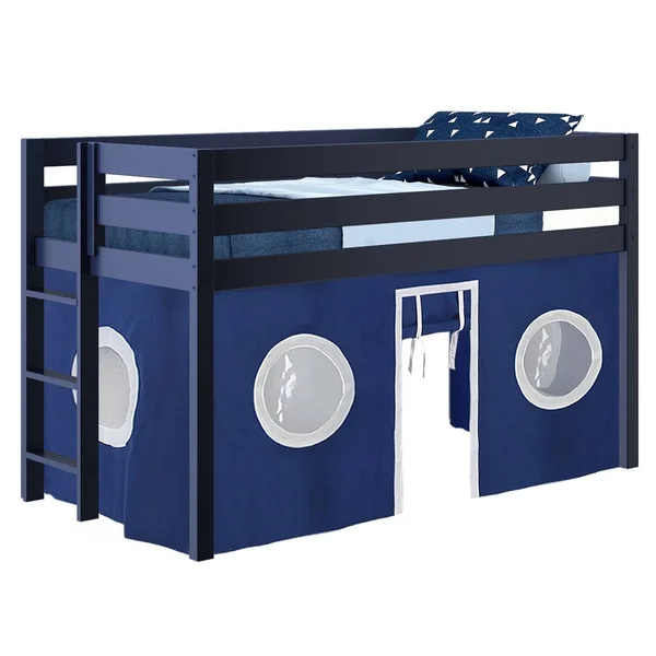 Jackpot! Contemporary Low Loft Bed with End Ladder - Twin, White with Blue & White Tent