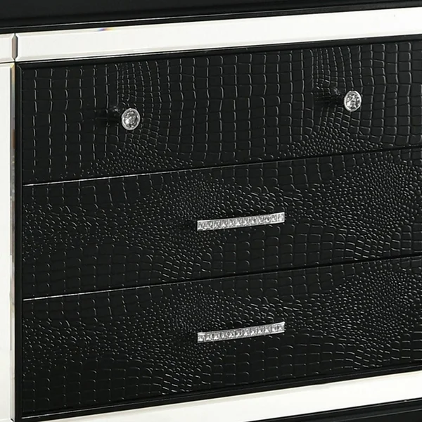3 Drawer Wooden Nightstand with Mirror Accents and Faux Crystal Pulls, Black
