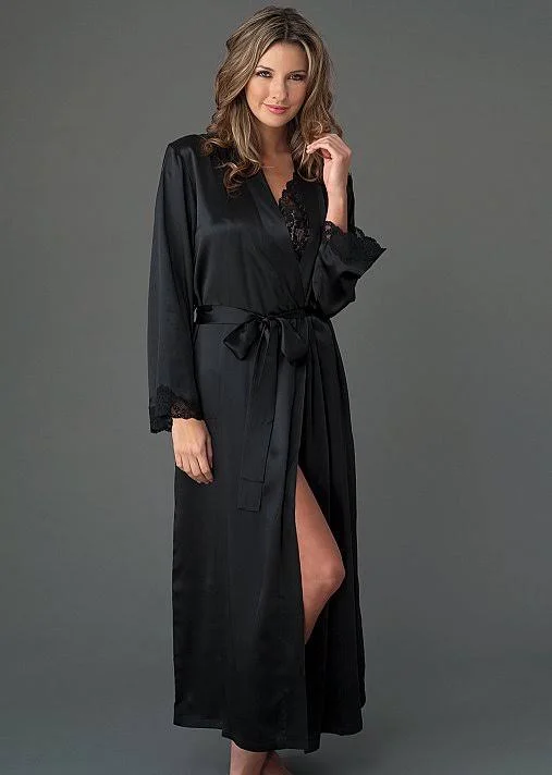Julianna Rae, Indulgence Silk Robe, Ink, XXL, Luxury Long Silk Robe for Women, Calais Lace Cuffs, Side Pockets, Julianna Rae