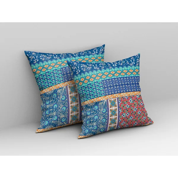 Amrita Sen Flower Castle Patchwork Broadcloth Indoor Outdoor Pillow, Zippered, Blueorange