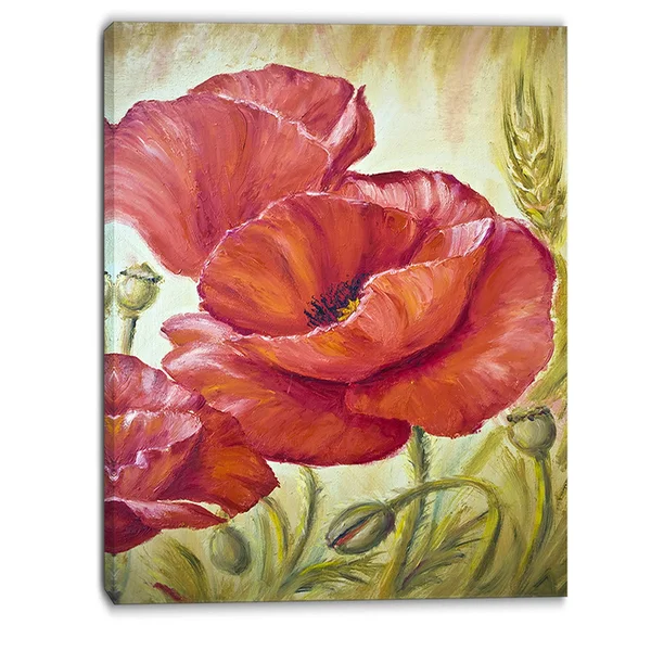 Designart - Poppies in Wheat - Floral Canvas Art Print - Red 20 in. Wide x 40 in. High