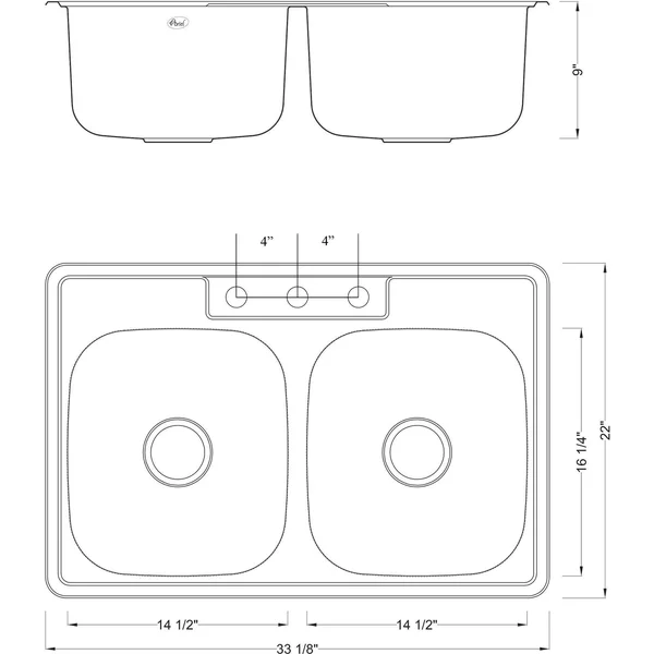 Contempo Living ALTD-5050-D 33 in. Top Mount Drop in 50 by 50 Double Bowl Kitchen Sink - Stainless Steel 18 Gauge